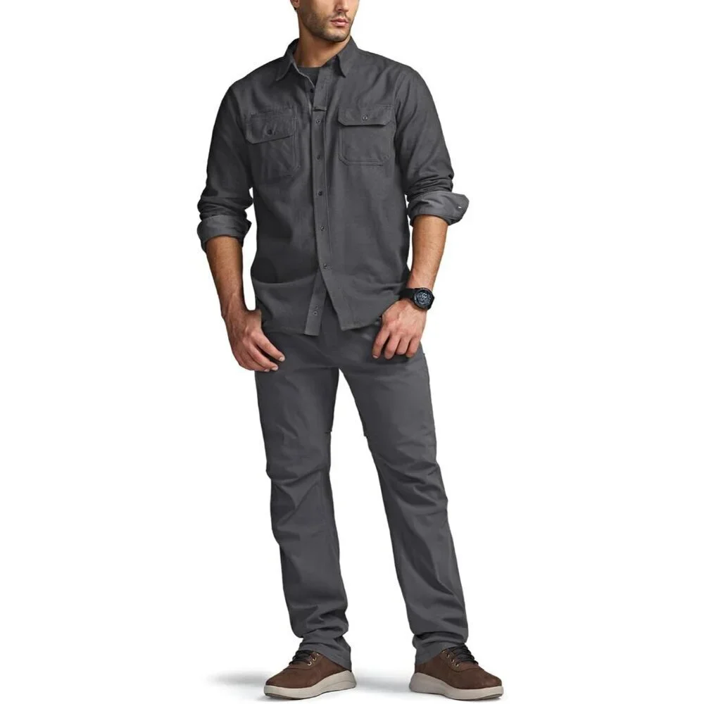 🆕Mens Solid Charcoal Cotton Flannel Shirt Long Sleeve Casual Outdoor Plaid